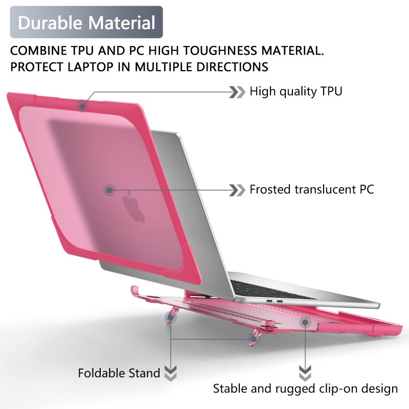 Batianda Heavy Duty Case for MacBook Pro 13 inch 2022 2020 Release A2338 M2 M1 A2289 A2251, Ergonomic Foldable Kickstand (Holds 22lbs) Matte Translucent Shockproof Cover with Spare Parts, Rose - Image 4